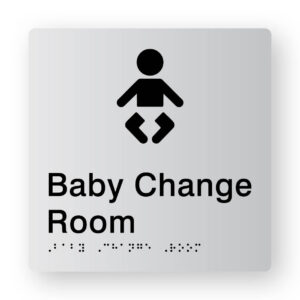 Baby Change Room Braille Sign in Tactile Printed Silver Acrylic. Silver Sign panel with Black Baby Symbol & Black text that reads Baby Change Room. Black Braille text is shown