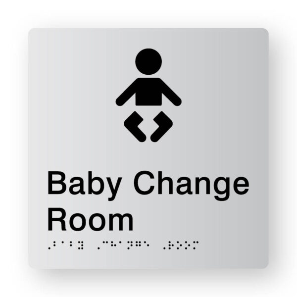 Baby Change Room Braille Sign in Tactile Printed Silver Acrylic. Silver Sign panel with Black Baby Symbol & Black text that reads Baby Change Room. Black Braille text is shown