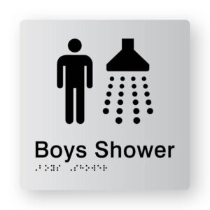 Boys Shower Braille Sign in Tactile Printed Silver Acrylic. Silver Sign Panel with Black Male & Shower Symbols. Black Text reads Boys Toilet. Black Braille Text is shown