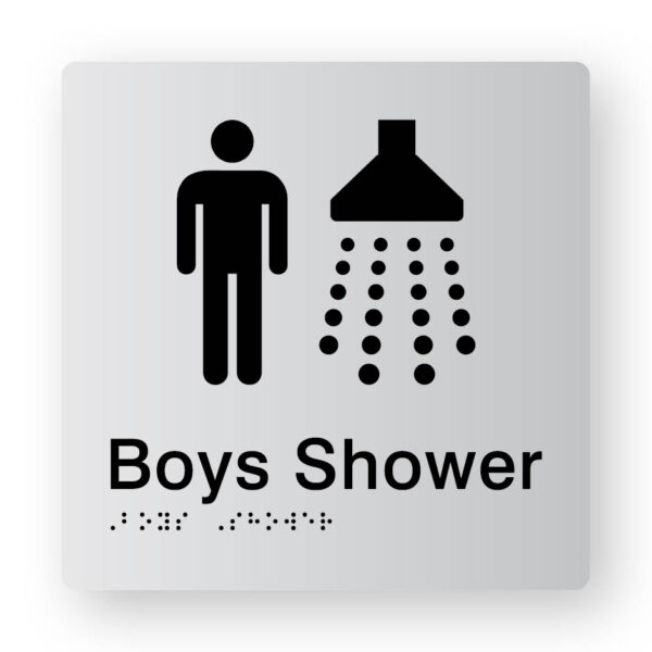 Boys Shower Braille Sign in Tactile Printed Silver Acrylic. Silver Sign Panel with Black Male & Shower Symbols. Black Text reads Boys Toilet. Black Braille Text is shown