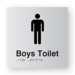 Boys Toilet Braille Sign in Tactile Printed Silver Acrylic. Silver Sign panel with Black Male Symbol. Black Text reads Boys toilet. Black Braille text is shown