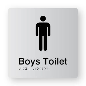 Boys Toilet Braille Sign in Tactile Printed Silver Acrylic. Silver Sign panel with Black Male Symbol. Black Text reads Boys toilet. Black Braille text is shown