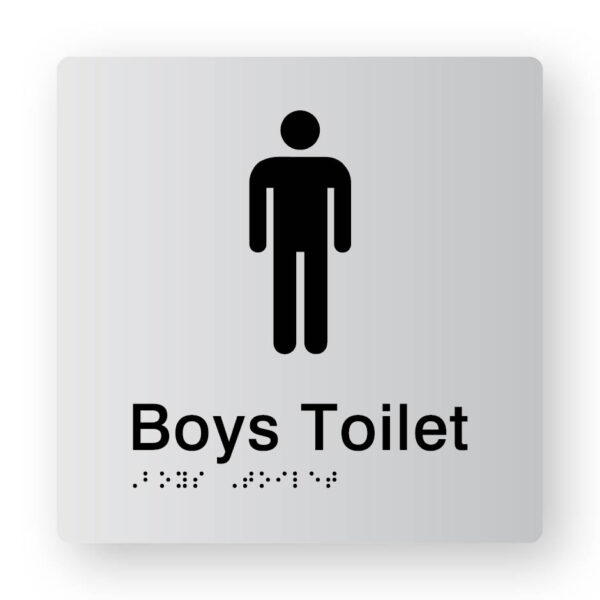 Boys Toilet Braille Sign in Tactile Printed Silver Acrylic Boys Toilet Braille Sign in Tactile Printed Silver Acrylic. Silver Sign panel with Black Male Symbol. Black Text reads Boys toilet. Black Braille text is shown