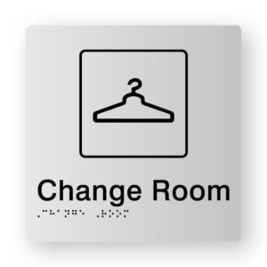 Change Room Braille Sign Braille Sign Silver Tactile printed Acrylic. Silver Sign panel with Black Coat Hanger. Black text reads Change Room. Black Braille Text is shown