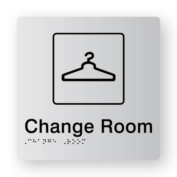 Change Room Braille Sign Braille Sign Silver Tactile printed Acrylic Change Room Braille Sign Braille Sign Silver Tactile printed Acrylic. Silver Sign panel with Black Coat Hanger. Black text reads Change Room. Black Braille Text is shown