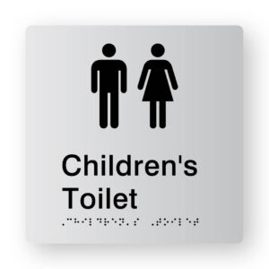 Children's Toilet Braille Sign Silver Tactile printed Acrylic. Silver Sign panel with Black Male & Female Symbols. Black Text reads Children's Toilet. Black Braille text is shown