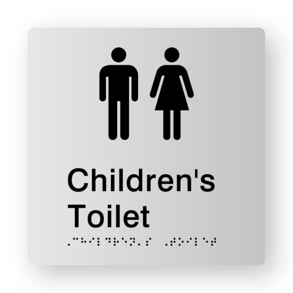 Children's Toilet Braille Sign Silver Tactile printed Acrylic Children's Toilet Braille Sign Silver Tactile printed Acrylic. Silver Sign panel with Black Male & Female Symbols. Black Text reads Children's Toilet. Black Braille text is shown
