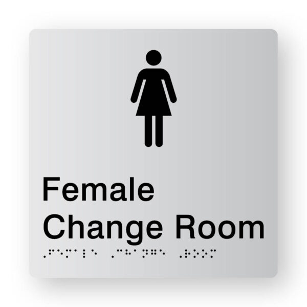 Female Change Room Braille Sign in Tactile Printed Silver Acrylic Female Change Room Braille Sign in Tactile Printed Silver Acrylic. Silver Sign panel with Black female Symbol. Black text reads Female Change Room. Black Braille text is shown