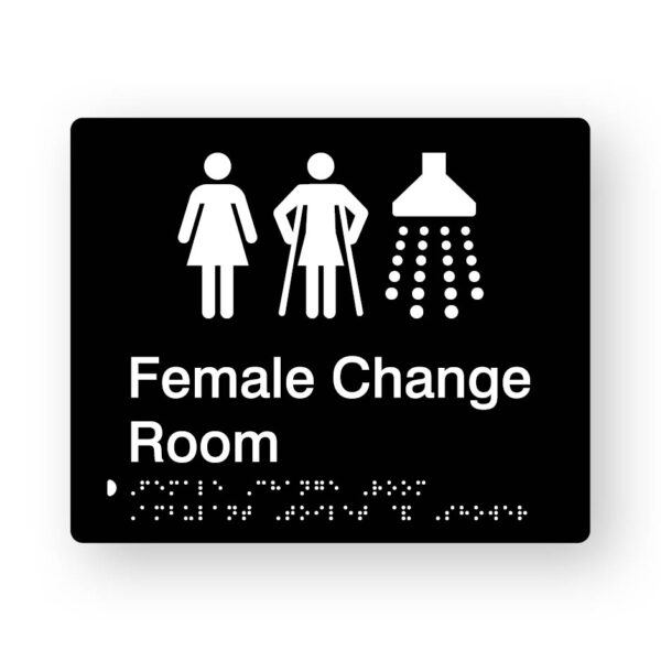 Female Change Room Ambulant Toilet & Shower Braille Sign in Tactile printed Black Acrylic Female Change Room Ambulant Toilet & Shower Braille Sign in Tactile printed Black Acrylic. Black Sign panel with White Female, Female Ambulant & Shower Symbol. White text reads Female Change Room. White Braille is shown