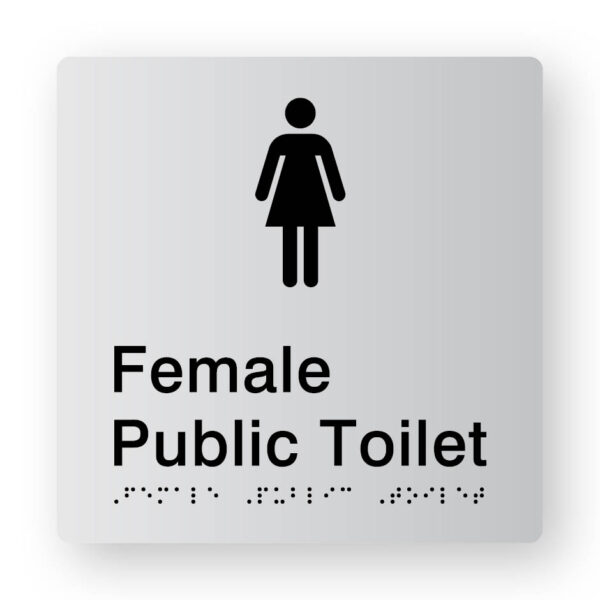 Female Public Toilet Braille Sign in Tactile Printed Silver Acrylic Female Public Toilet Braille Sign in Tactile Printed Silver Acrylic. Silver Sign panel with Black female Symbol. Black text reads Female Public Toilet. Black Braille Text is shown