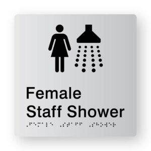 Female Staff Shower Braille Sign in Tactile Printed Silver Acrylic. Silver Sign panel with Female & Shower symbol. Black text reads Female Staff Shower. Black Braille Text is shown
