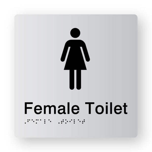 Female Toilet Braille Sign in Tactile printed Silver Acrylic Female Toilet Braille Sign in Tactile printed Silver Acrylic. Silver Sign Panel with Black Female Symbol & Text that reads Female Toilet. Black Braille text is shown