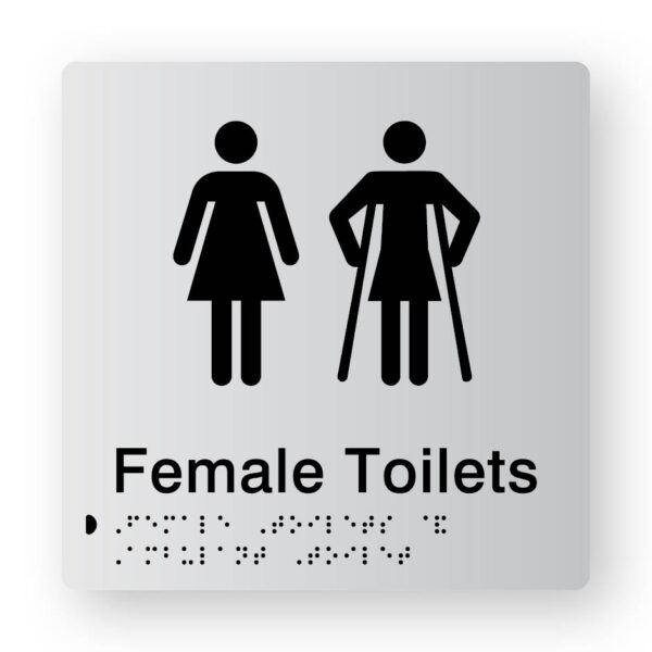 Female Toilet Braille Sign in Tactile Printed Silver Acrylic Female Toilet Braille Sign in Tactile Printed Silver Acrylic. Silver Sign panel with Black Female 7 female Ambulant Symbols. Black Text reads Female Toilets. Black Braille text is shown