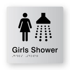 Girls Shower Braille Sign in Tactile printed Silver Acrylic. Silver Sign panel with Black Female & Shower Symbol. Black text reads Girls Shower. Black Braille text is shown