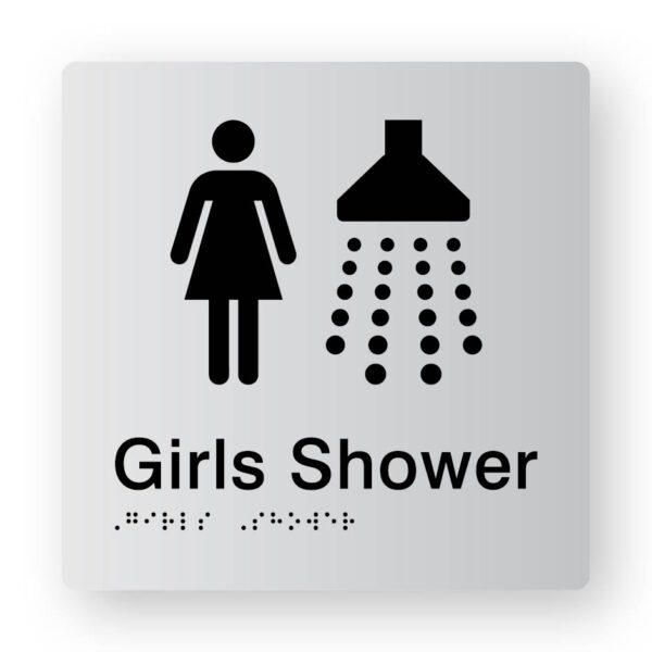Girls Shower Braille Sign in Tactile printed Silver Acrylic Girls Shower Braille Sign in Tactile printed Silver Acrylic. Silver Sign panel with Black Female & Shower Symbol. Black text reads Girls Shower. Black Braille text is shown