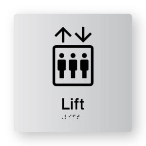 Lift Braille Sign in Tactile Printed Silver Acrylic. Silver Sign Panel with Black Lift Symbol. Black text reads Lift. Black Braille is shown