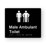 Male Ambulant Toilet Version 2 Braille Sign in Tactile Printed Black Acrylic. Black Sign panel with White male & male Ambulant symbol. White text reads Male Ambulant Toilet. White Braille text is shown