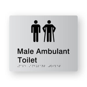 Male Ambulant Toilet Braille Sign (Version 2) Silver Tactile printed Acrylic. Silver Sign panel with Black Male Ambulant Symbol. Black text reads Male Ambulant Toilet. Black braille Text is Shown