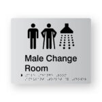 Male Change Room Braille Sign in Tactile Printed Silver Acrylic (Version 2). Silver Sign panel with Black Male, male Ambulant & Shower Symbols. Black text reads male Change room. Black braille text is shown