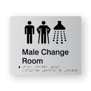 Male Change Room Braille Sign in Tactile Printed Silver Acrylic (Version 2). Silver Sign panel with Black Male, male Ambulant & Shower Symbols. Black text reads male Change room. Black braille text is shown
