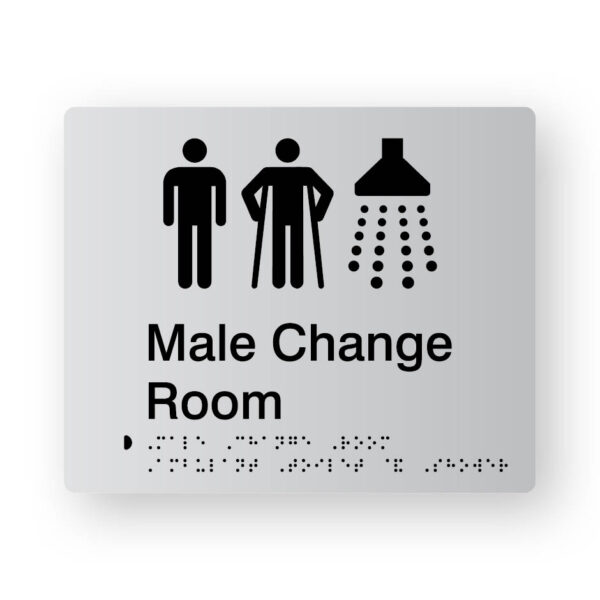 Male Change Room Braille Sign in Tactile Printed Silver Acrylic (Version 2). Silver Sign panel with Black Male, male Ambulant & Shower Symbols. Black text reads male Change room. Black braille text is shown