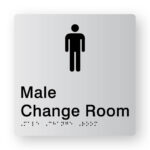 Male Change Room Braille Sign in Tactile Printed Silver Acrylic. Silver Sign panel with Black Male Symbol & Text that reads Male Change Room. Black Braille is shown