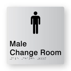 Male Change Room Braille Sign in Tactile Printed Silver Acrylic. Silver Sign panel with Black Male Symbol & Text that reads Male Change Room. Black Braille is shown