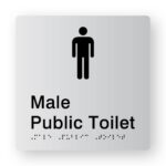 Male Public Toilet Braille Sign in Tactile Printed Silver Acrylic. Silver Sign panel with Black Male Symbol. Black text reads Male Public Toilet. Black Braille text is shown