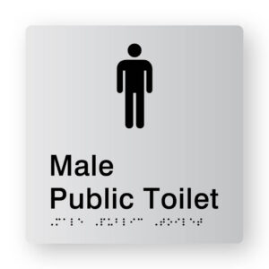 Male Public Toilet Braille Sign in Tactile Printed Silver Acrylic. Silver Sign panel with Black Male Symbol. Black text reads Male Public Toilet. Black Braille text is shown