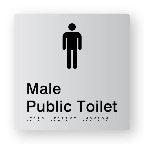 Male Public Toilet Braille Sign in Tactile Printed Silver Acrylic Male Public Toilet Braille Sign in Tactile Printed Silver Acrylic. Silver Sign panel with Black Male Symbol. Black text reads Male Public Toilet. Black Braille text is shown