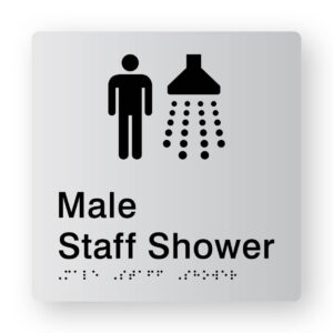 Male Staff Shower Braille Sign in Tactile Printed Silver Acrylic. Silver Sign panel with Black Male & Shower Symbol. Black text reads Male Staff Shower. Black Braille Text is shown