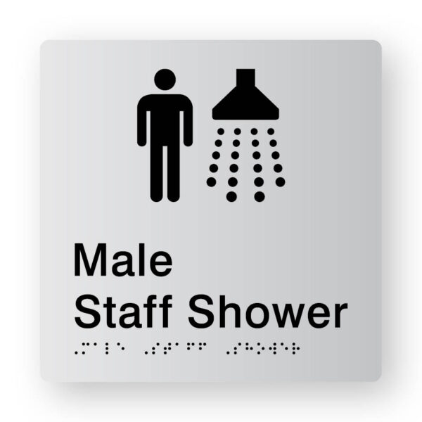 Male Staff Shower Braille Sign in Tactile Printed Silver Acrylic Male Staff Shower Braille Sign in Tactile Printed Silver Acrylic. Silver Sign panel with Black Male & Shower Symbol. Black text reads Male Staff Shower. Black Braille Text is shown