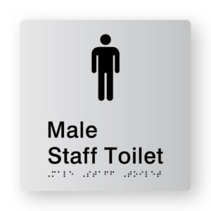 Male Staff Toilet Braille Sign in Silver Tactile printed Acrylic. Silver Sign Panel with Black Male Symbol, Black text reads Male Staff Toilet. Black Braille is shown