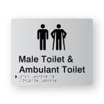 Male Toilet & Ambulant Toilet Braille Sign in Tactile Printed Silver Acrylic. Silver Sign Panel with Black Male & Male Ambulant Symbols. Black text reads Male Toilet & Ambulant Toilet. Black Braille Text is Shown