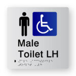 Male Accessible Toilet LH Braille Sign in Tactile Printed Silver Acrylic. Silver Sign panel with Blue & White Accessible Symbol. Black text reads Male Toilet LH. Black braille text is shown
