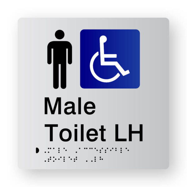 Male Accessible Toilet LH Braille Sign in Tactile Printed Silver Acrylic. Silver Sign panel with Blue & White Accessible Symbol. Black text reads Male Toilet LH. Black braille text is shown