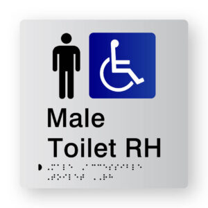 Male Accessible Toilet RH Braille Sign in Tactile Printed Silver Acrylic. Silver Sign panel with Blue & White Accessible Symbol. Black text reads Male Toilet RH. Black braille text is shown