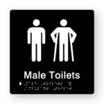 Male Toilets Braille Sign in Tactile printed Black Acrylic. Black Sign panel with White Male & male Ambulant Symbols. White text reads Male Toilets. White braille is shown