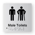 Male Toilets Braille Sign in Tactile Printed Silver Acrylic. Silver Sign panel with Black Male & male Ambulant Symbol. Black Text reads Male Toilets. Black Braille text is shown