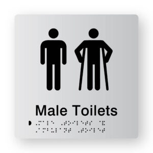 Male Toilets Braille Sign in Tactile Printed Silver Acrylic. Silver Sign panel with Black Male & male Ambulant Symbol. Black Text reads Male Toilets. Black Braille text is shown