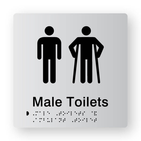 Male Toilets Braille Sign Male Toilets Braille Sign in Tactile Printed Silver Acrylic. Silver Sign panel with Black Male & male Ambulant Symbol. Black Text reads Male Toilets. Black Braille text is shown
