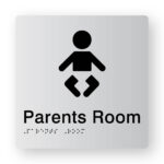 Parents Room Braille Sign V2 in Tactile Printed Silver Acrylic. Silver Sign panel with Black Baby Change Symbol. Black text reads Parents Room. Black Braille is Shown