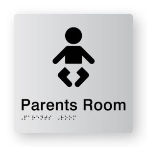 Parents Room Braille Sign V2 in Tactile Printed Silver Acrylic. Silver Sign panel with Black Baby Change Symbol. Black text reads Parents Room. Black Braille is Shown