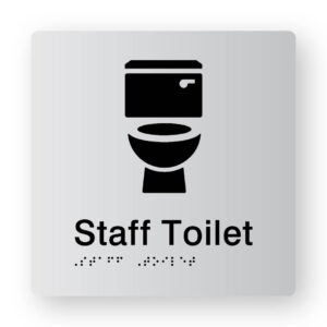Staff Toilet Braille Sign in Tactile Printed Silver Acrylic. Silver Sign Panel with Black Toilet Symbol. Black text reads Staff Toilet. Black Braille text is shown