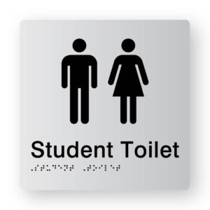 Student Toilet Braille Sign in Tactile Printed Silver Acrylic. Silver Sign panel with Black Male & Female Symbol. Black text reads Student Toilet. Black Braille text is shown