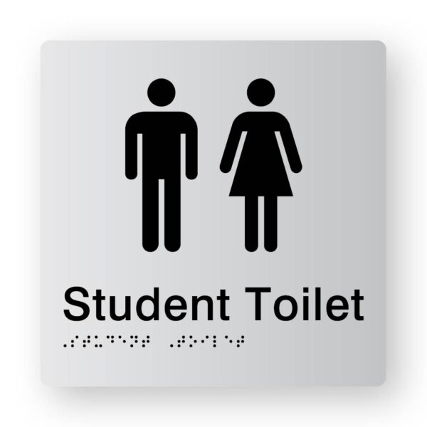 Student Toilet Braille Sign in Tactile Printed Silver Acrylic Student Toilet Braille Sign in Tactile Printed Silver Acrylic. Silver Sign panel with Black Male & Female Symbol. Black text reads Student Toilet. Black Braille text is shown