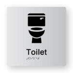 Toilet Braille Sign in Tactile Printed Silver Acrylic. Silver Sign panel with black male & female symbols, black text reads Toilet. Black braille text is shown