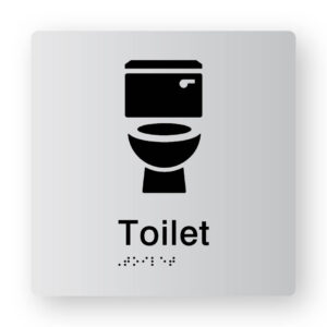 Toilet Braille Sign in Tactile Printed Silver Acrylic. Silver Sign panel with black male & female symbols, black text reads Toilet. Black braille text is shown