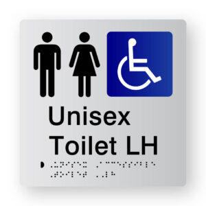 Unisex Toilet LH Braille Sign in Tactile Printed Silver Acrylic. Silver Sign panel with Black male & Female Symbols, Blue & White accessible Symbol. Black text reads Unisex Toilet LH Black Braille text is shown