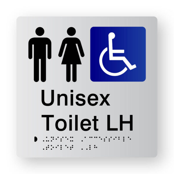 Unisex Toilet LH Braille Sign in Tactile Printed Silver Acrylic Unisex Toilet LH Braille Sign in Tactile Printed Silver Acrylic. Silver Sign panel with Black male & Female Symbols, Blue & White accessible Symbol. Black text reads Unisex Toilet LH Black Braille text is shown